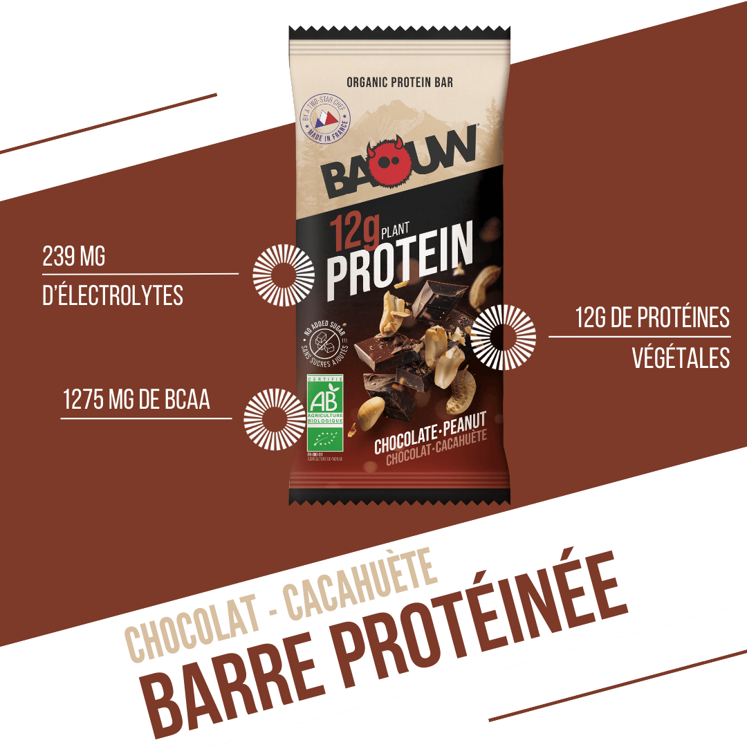 Barre Protéinée BAOUW BIO EXTRA Chocolat/Cachuètes (50g)