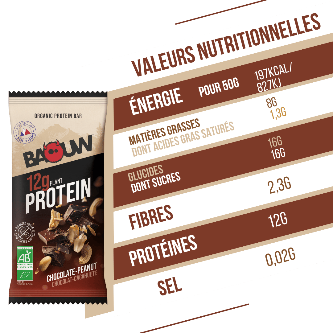 Barre Protéinée BAOUW BIO EXTRA Chocolat/Cachuètes (50g)