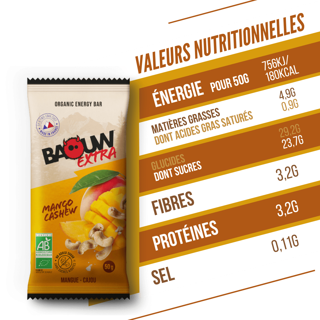 Barre Énergétique BAOUW BIO EXTRA Mangue Cajou (50g)