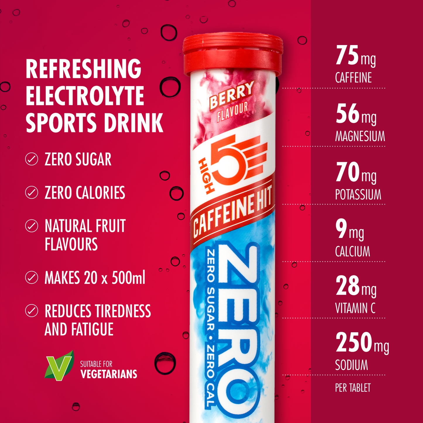 HIGH5 ZERO Hydratation Electrolyte avec Caffeine (20 Pastilles) Fruits Rouge