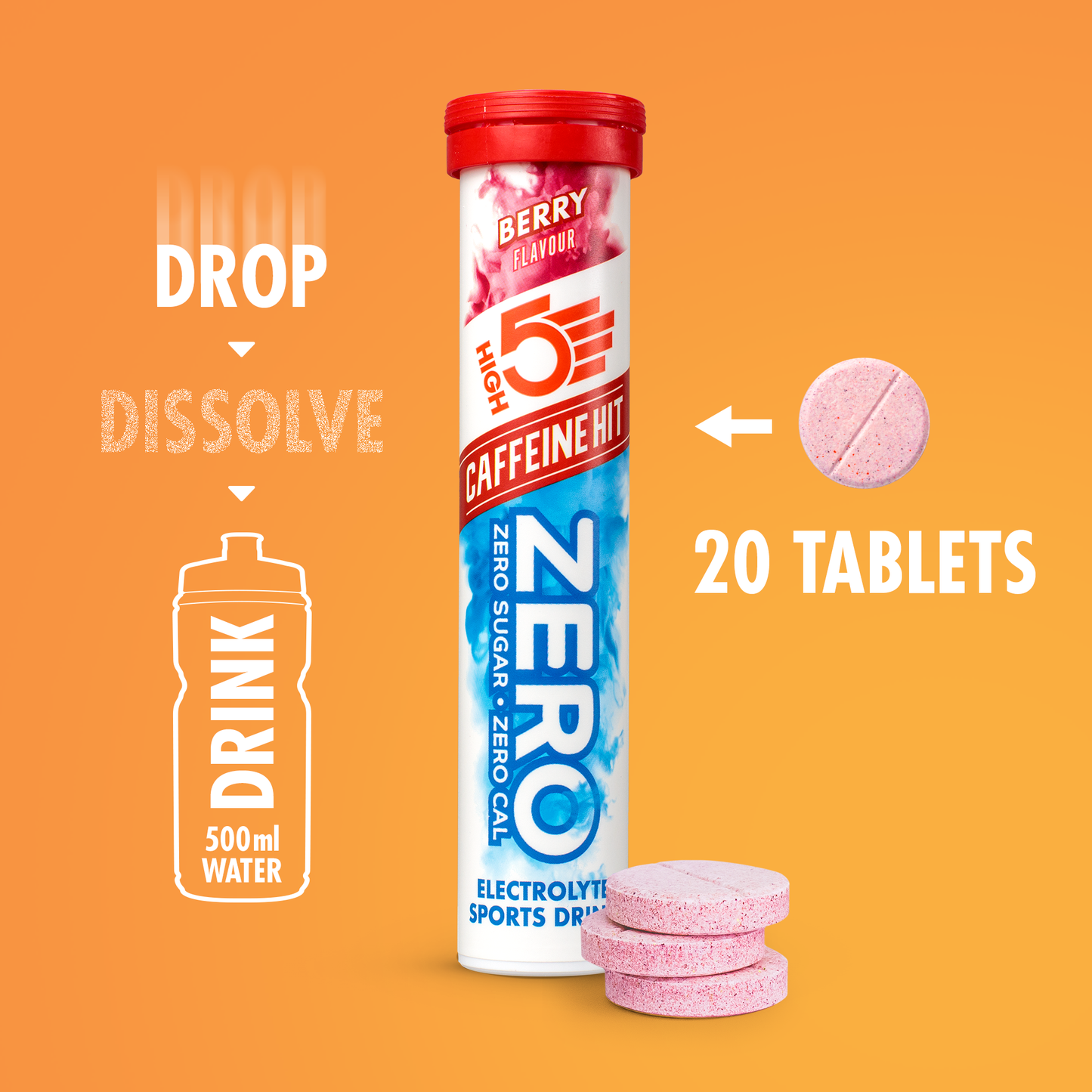 HIGH5 ZERO Hydratation Electrolyte avec Caffeine (20 Pastilles) Fruits Rouge