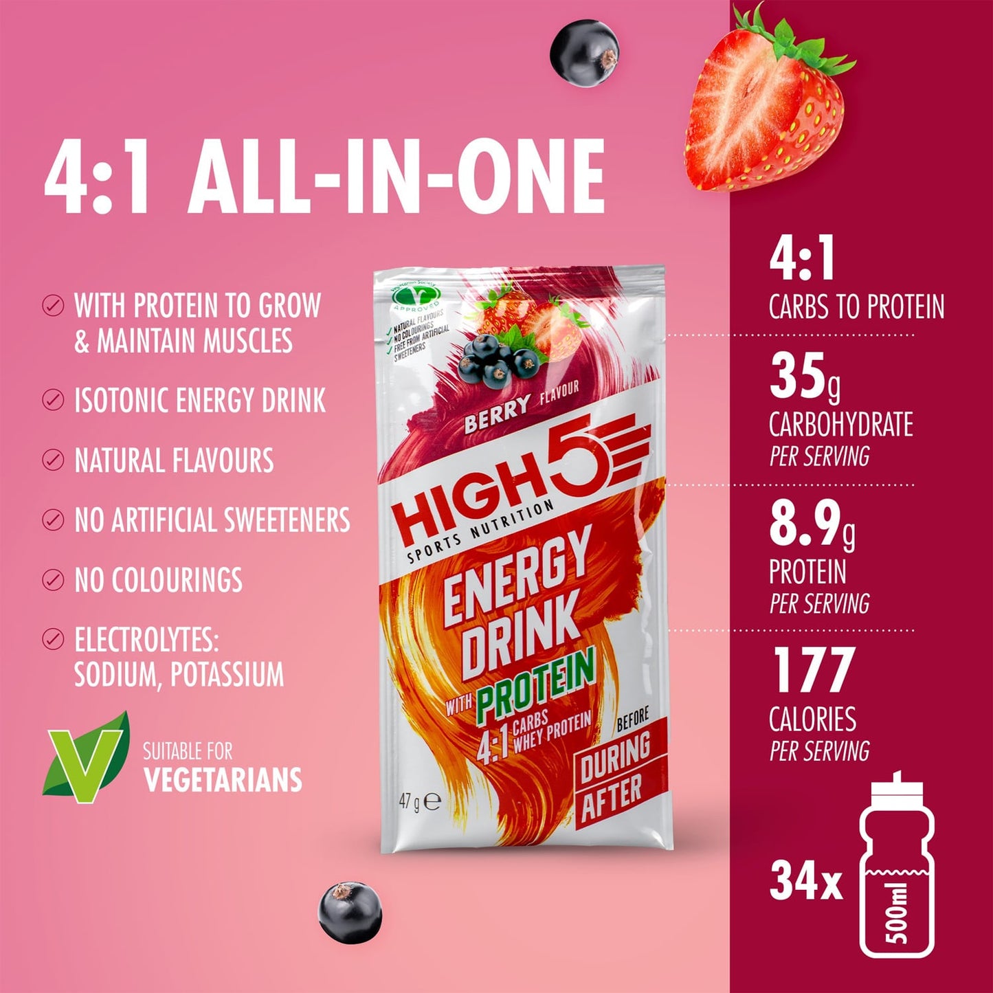 Energy Drink HIGH5 ENERGY DRINK PROTEIN (47g) Früchte Rot