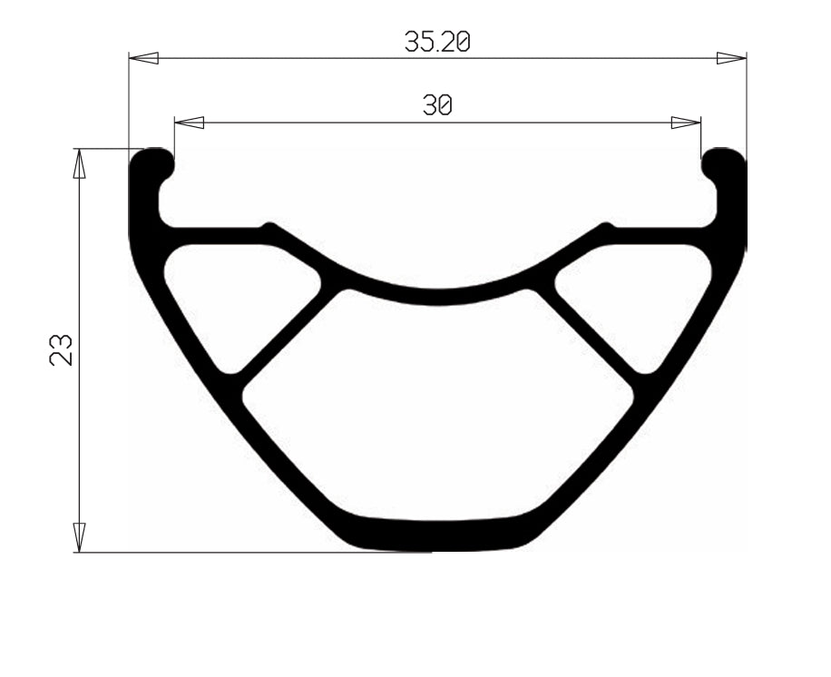 Profil de la jante HOPE FORTUS 30 W : largeur externe 35,2 mm, largeur interne 30 mm, hauteur 23 mm