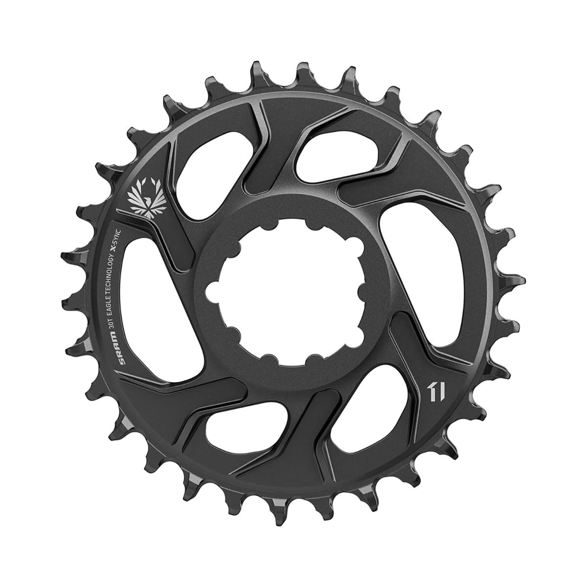 SRAM EAGLE X-SYNC 2 Kettenblatt für Einfachantrieb, 12-fach, Direct Mount, 6 mm Offset, Aluminium, schwarz — Ansicht des Kettenblatts vor weißem Hintergrund