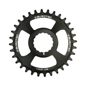 BURGTEC THICK THIN RaceFace Cinch Narrow-Wide-Kettenblatt für Einfachantrieb, 10/11/12-fach, Direct Mount, schwarz — Ansicht des Kettenblatts vor weißem Hintergrund