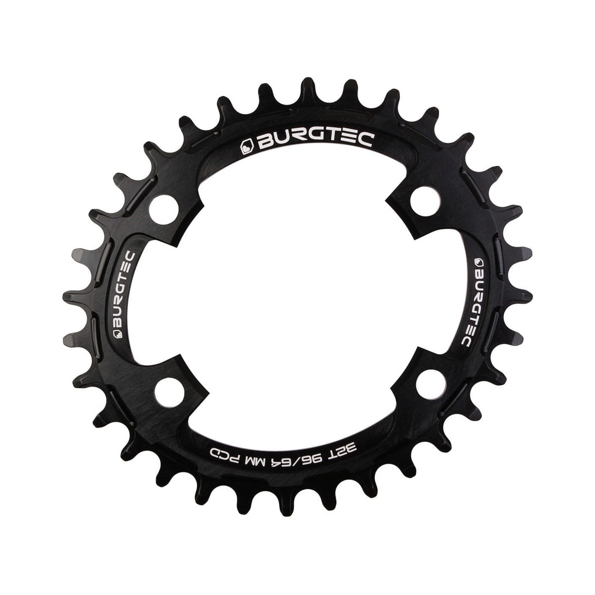 BURGTEC THICK THIN ovales Narrow-Wide-Kettenblatt für Einfachantrieb, 10/11/12-fach, 4-Loch, 64/96 mm, schwarz — Ansicht des Kettenblatts vor weißem Hintergrund