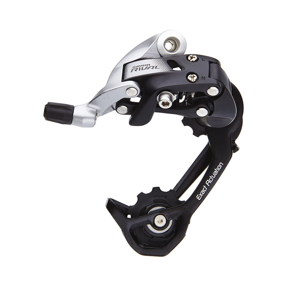 SRAM RIVAL 22 11-fach-Schaltwerk mit mittellangem Käfig – Produktansicht auf weißem Hintergrund