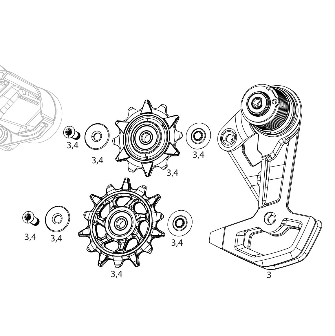 7V SRAM XX DH T-TYPE EAGLE AXS Schaltauge hinten komplett