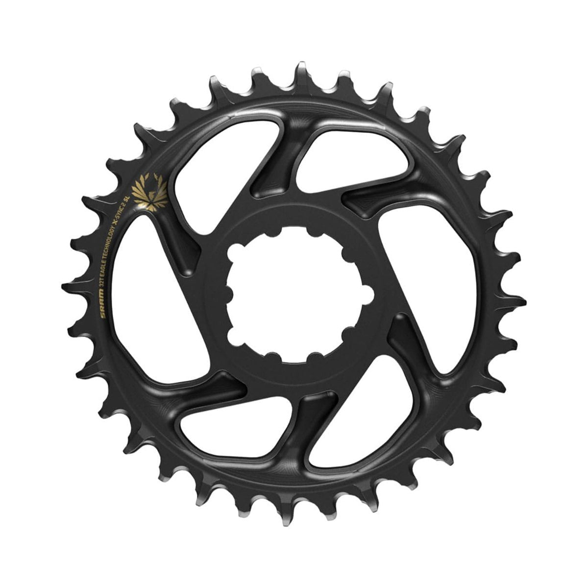 Einfach-Kettenblatt SRAM EAGLE X-SYNC 2 SL BOOST 12-fach Direct Mount, 3 mm Versatz, Schwarz/Gold — Kettenblatt auf weißem Hintergrund