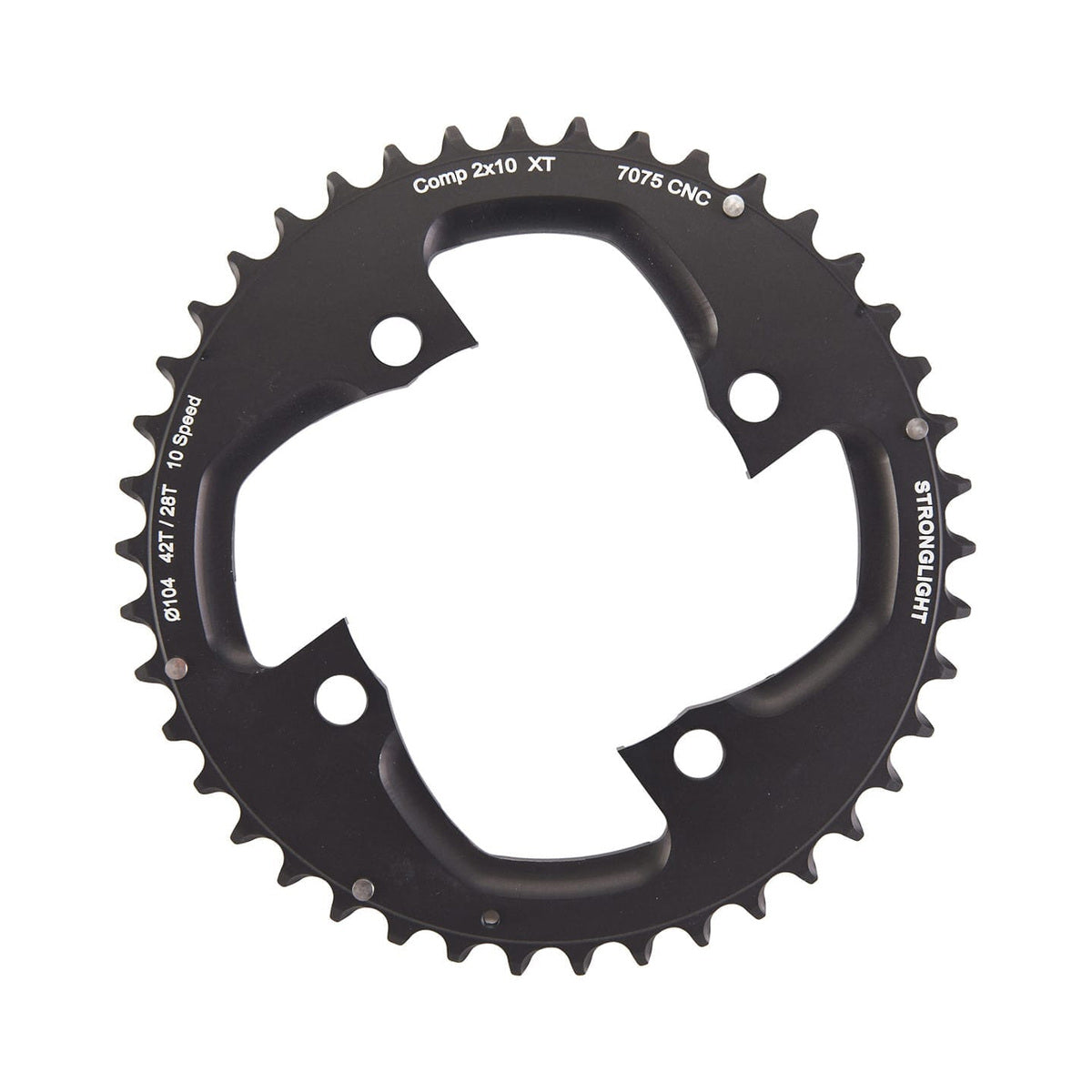 Äußeres Kettenblatt STRONGLIGHT SHIMANO XT M785 10-fach, 4-Loch, 104 mm — Kettenblatt auf weißem Hintergrund