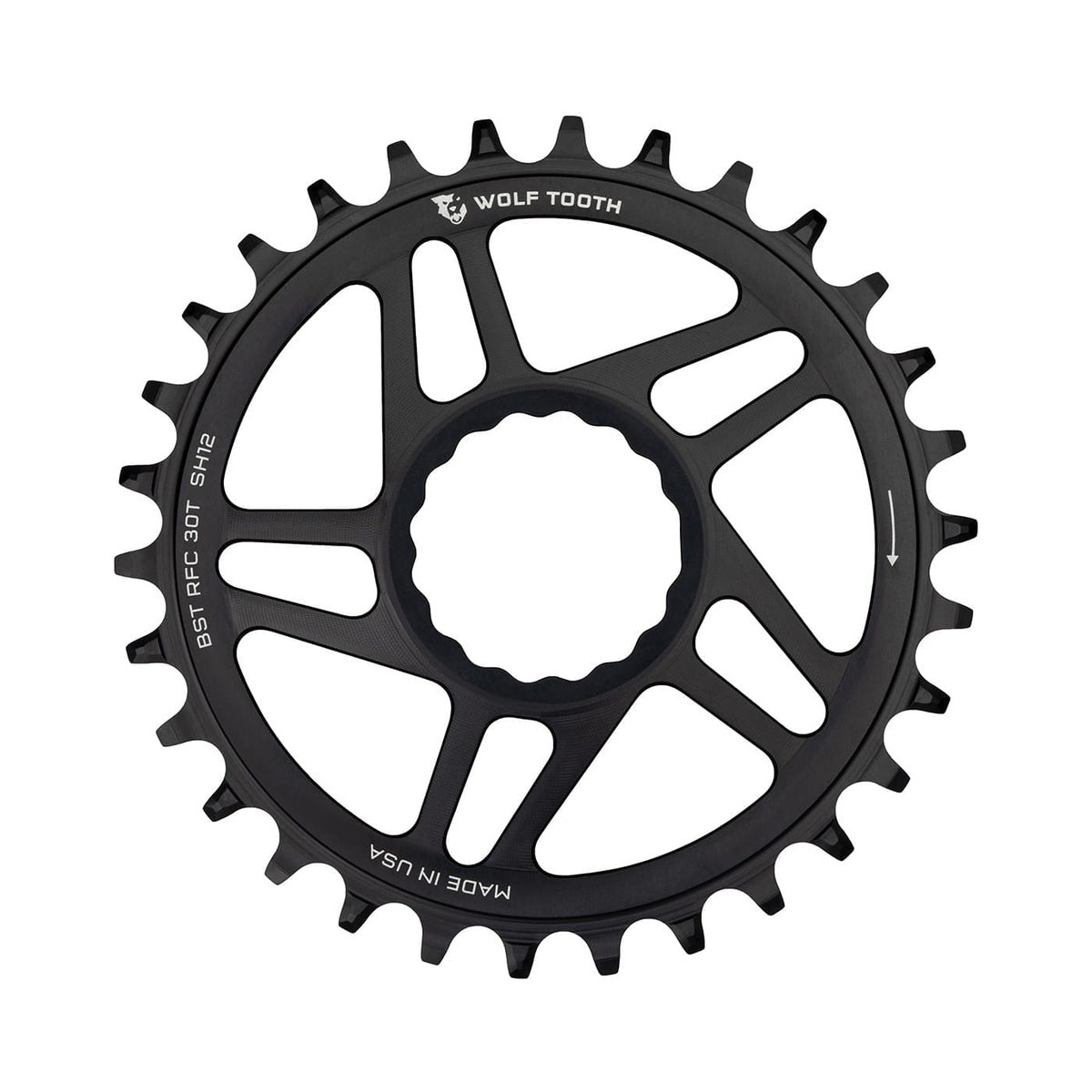 Plateau Mono WOLF TOOTH BOOST 12V Raceface CINCH Shimano Direct Mount Offset 3mm Noir — vue du plateau sur fond blanc