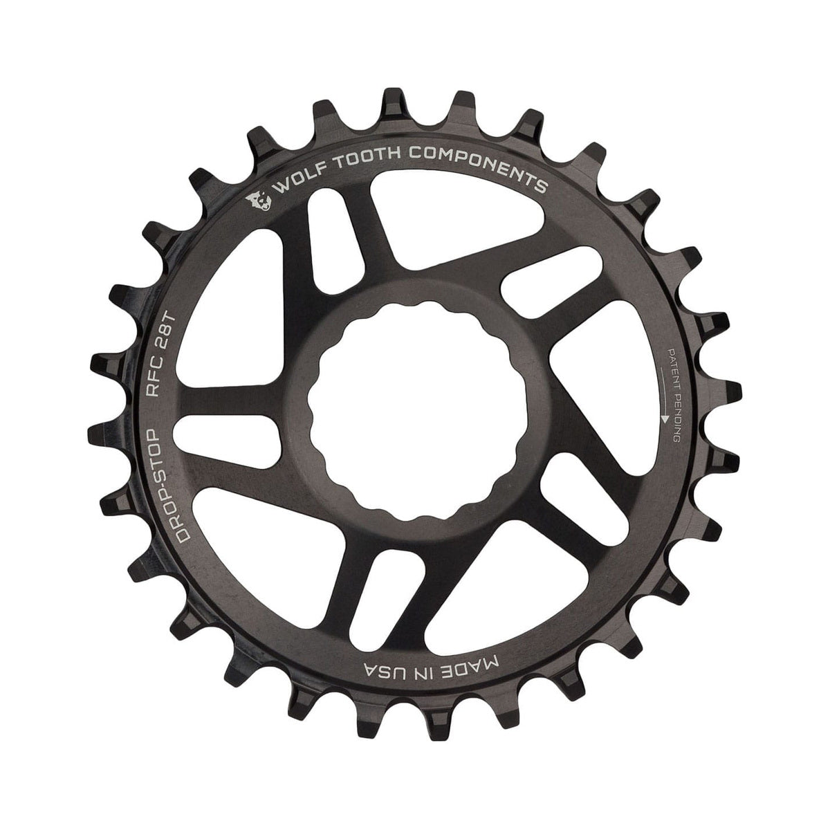 Plateau Mono WOLF TOOTH 9/10/11/12V Raceface CINCH Direct Mount Offset 6mm Noir — vue du plateau sur fond blanc