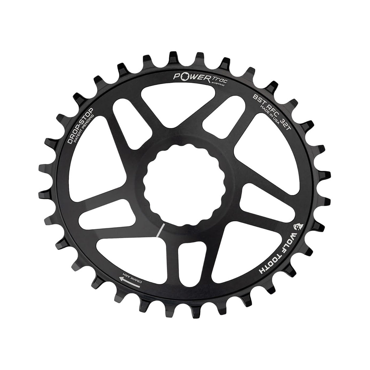 Ovales Einfach-Kettenblatt WOLF TOOTH BOOST ELLIPTISCH 9/10/11/12-fach Raceface CINCH Direct Mount, 3 mm Versatz, Schwarz — Kettenblatt auf weißem Hintergrund