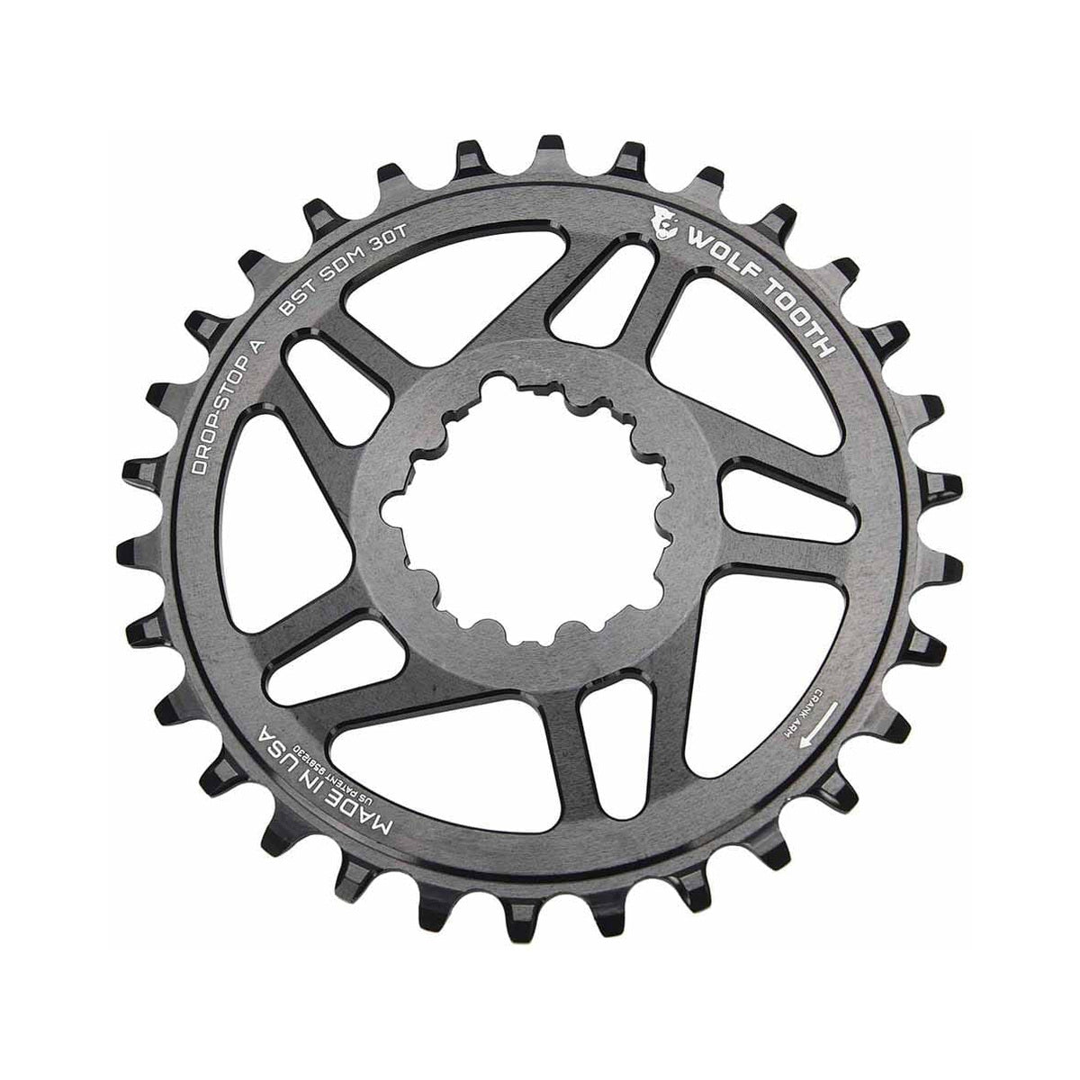 Einfach-Kettenblatt WOLF TOOTH BOOST 10/11/12-fach Sram Direct Mount, 3 mm Versatz, Schwarz — Kettenblatt auf weißem Hintergrund