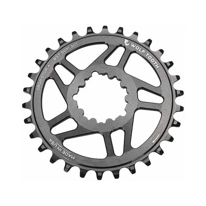 Einfach-Kettenblatt WOLF TOOTH BOOST 10/11/12-fach Sram Direct Mount, 3 mm Versatz, Schwarz — Kettenblatt auf weißem Hintergrund