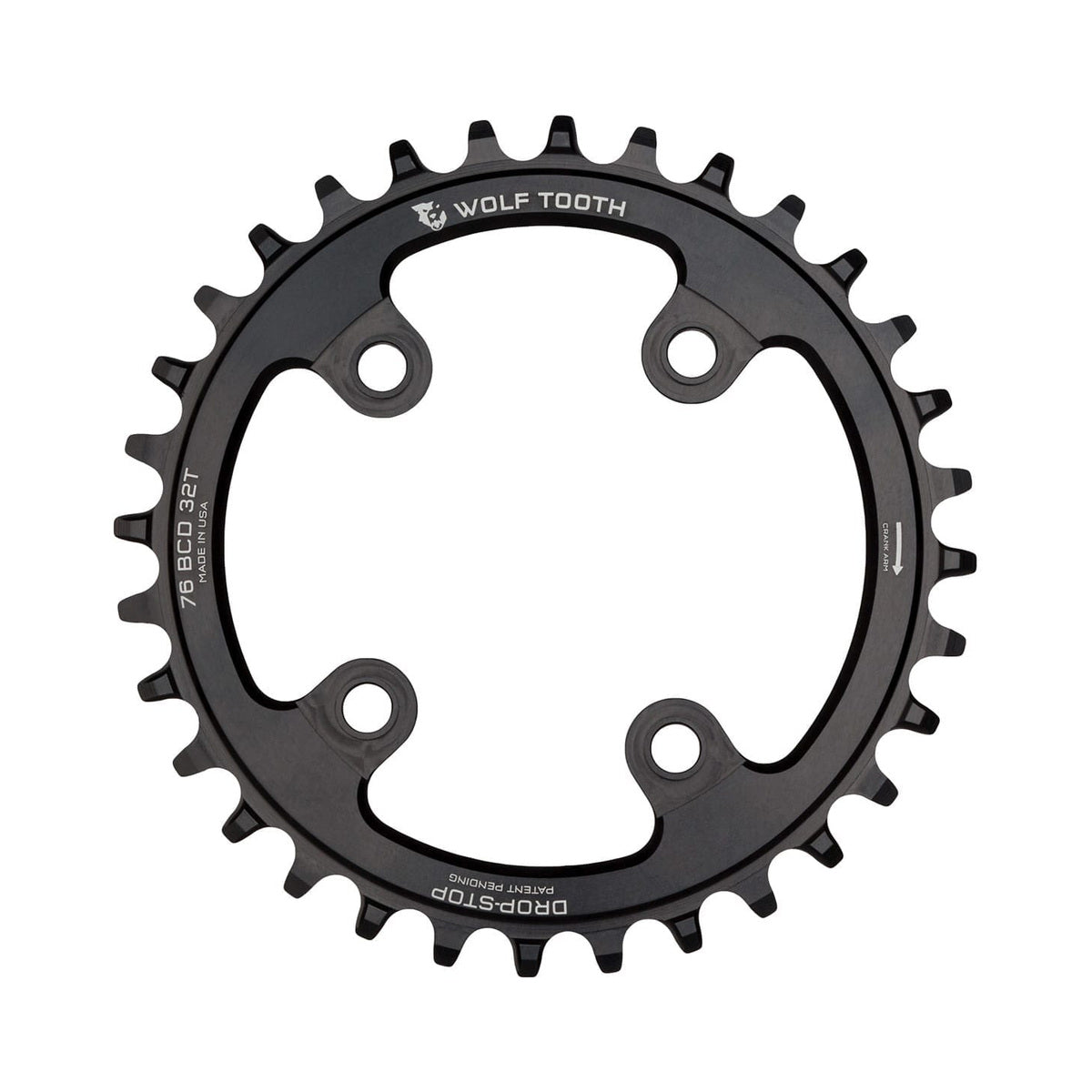 Plateau Mono WOLF TOOTH 76 BCD 10/11/12V Sram XX1/Specialized STOUT 4 Trous 76mm Noir — vue du plateau sur fond blanc