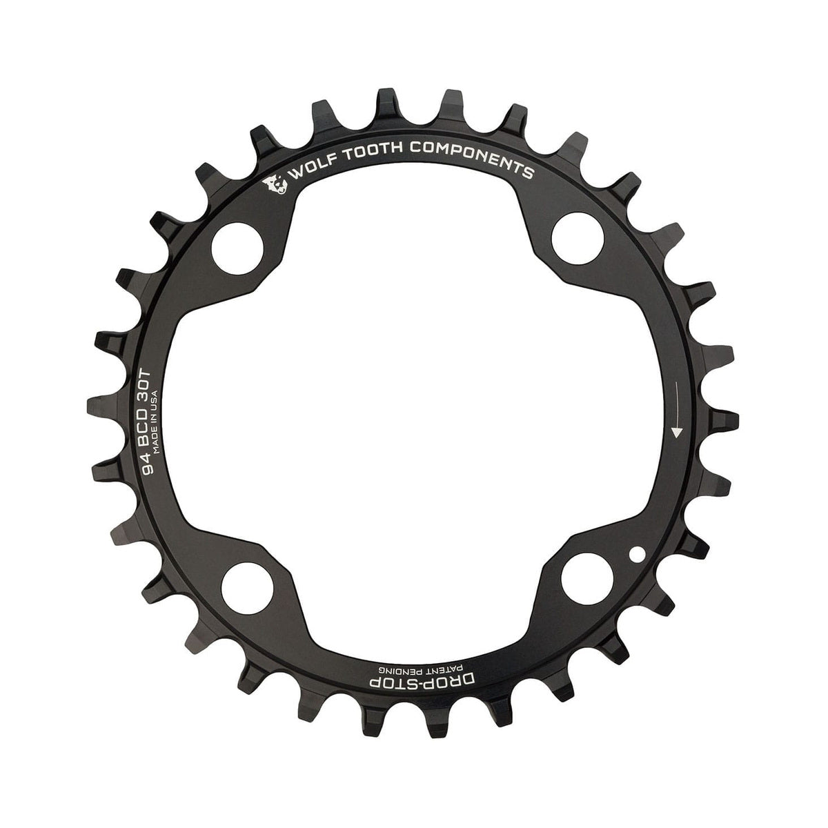 Plateau Mono WOLF TOOTH 94 BCD 10/11V Sram X01/X1/GX/NX 4 Trous 94mm Noir — vue du plateau sur fond blanc