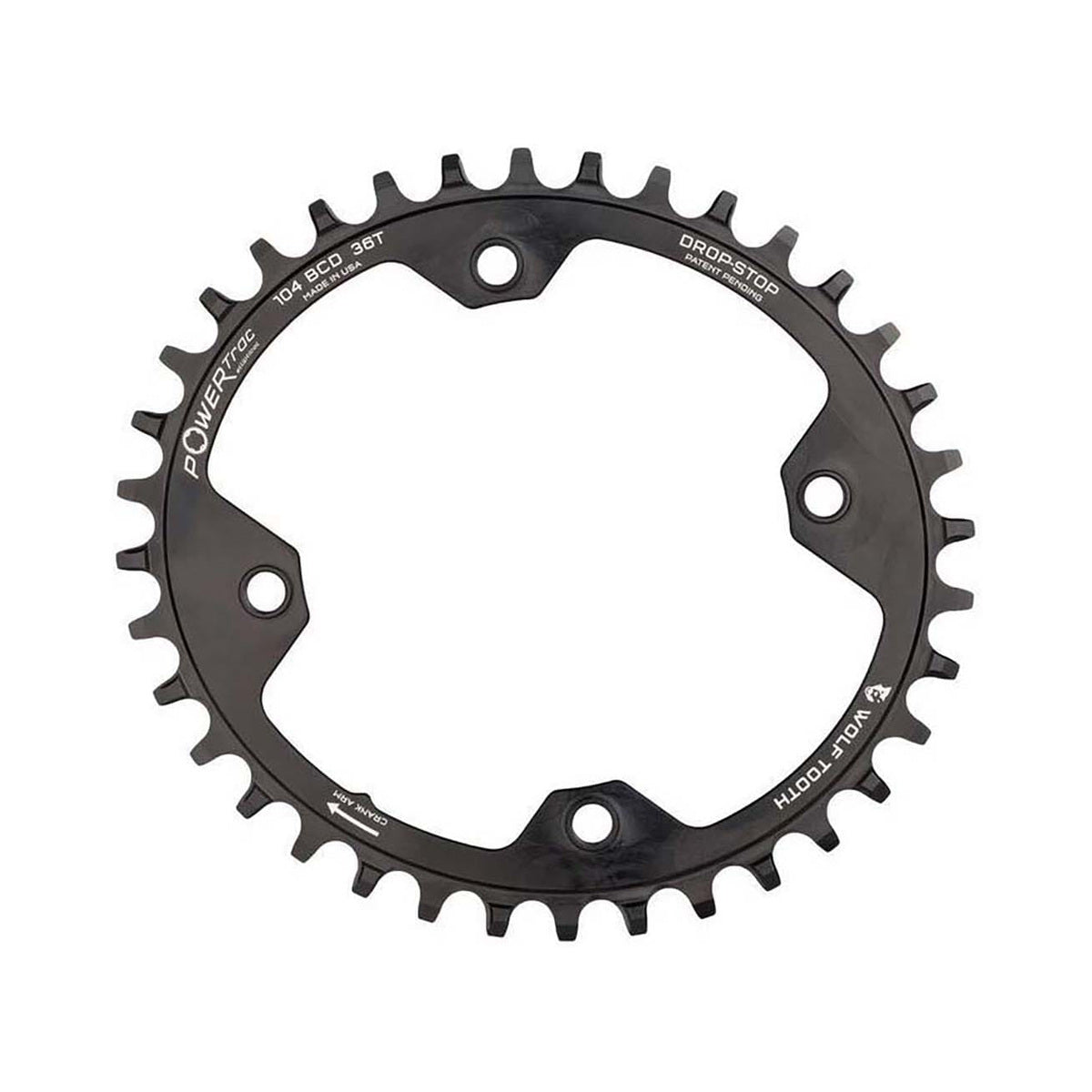 Ovales Einfach-Kettenblatt WOLF TOOTH ELLIPTISCH 104 BCD 12-fach Shimano, 4-Loch, 104 mm, Schwarz — Kettenblatt auf weißem Hintergrund
