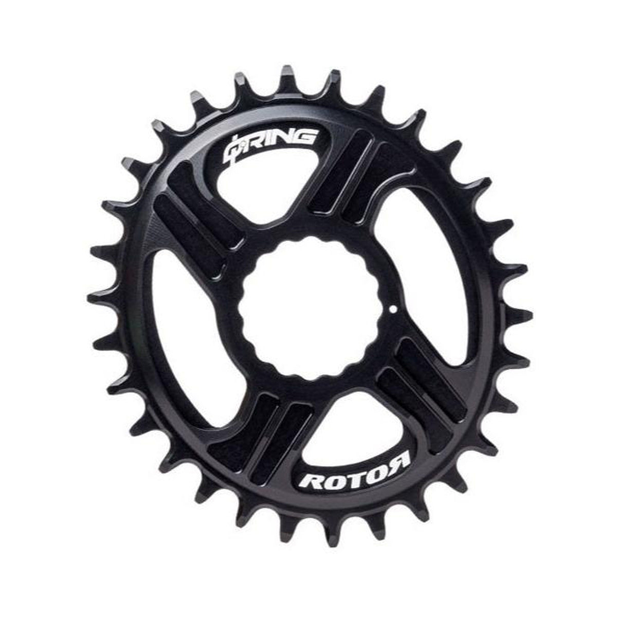 Ovales ROTOR Q-RING 1-fach-Kettenblatt, 10/11/12-fach, RaceFace Cinch Direct Mount — Kettenblatt auf weißem Hintergrund