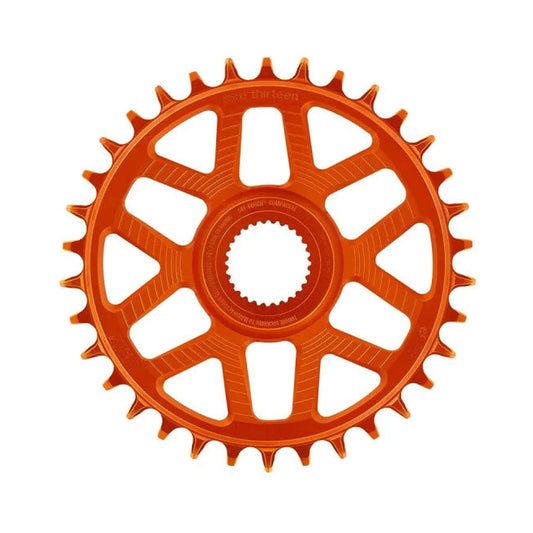 E-THIRTEEN HELIX RACE E-SPEC 1-fach-Kettenblatt, 11/12-fach, Direct Mount für Bosch Gen4, 13 mm Versatz, Orange — Kettenblatt auf weißem Hintergrund