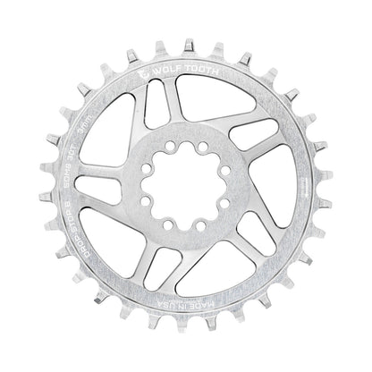 WOLF TOOTH DROP-STOP B 1-fach-Kettenblatt, Direct Mount mit 8 Schrauben, SRAM Eagle Boost, 3 mm Versatz, Raw Silver — Kettenblatt auf weißem Hintergrund