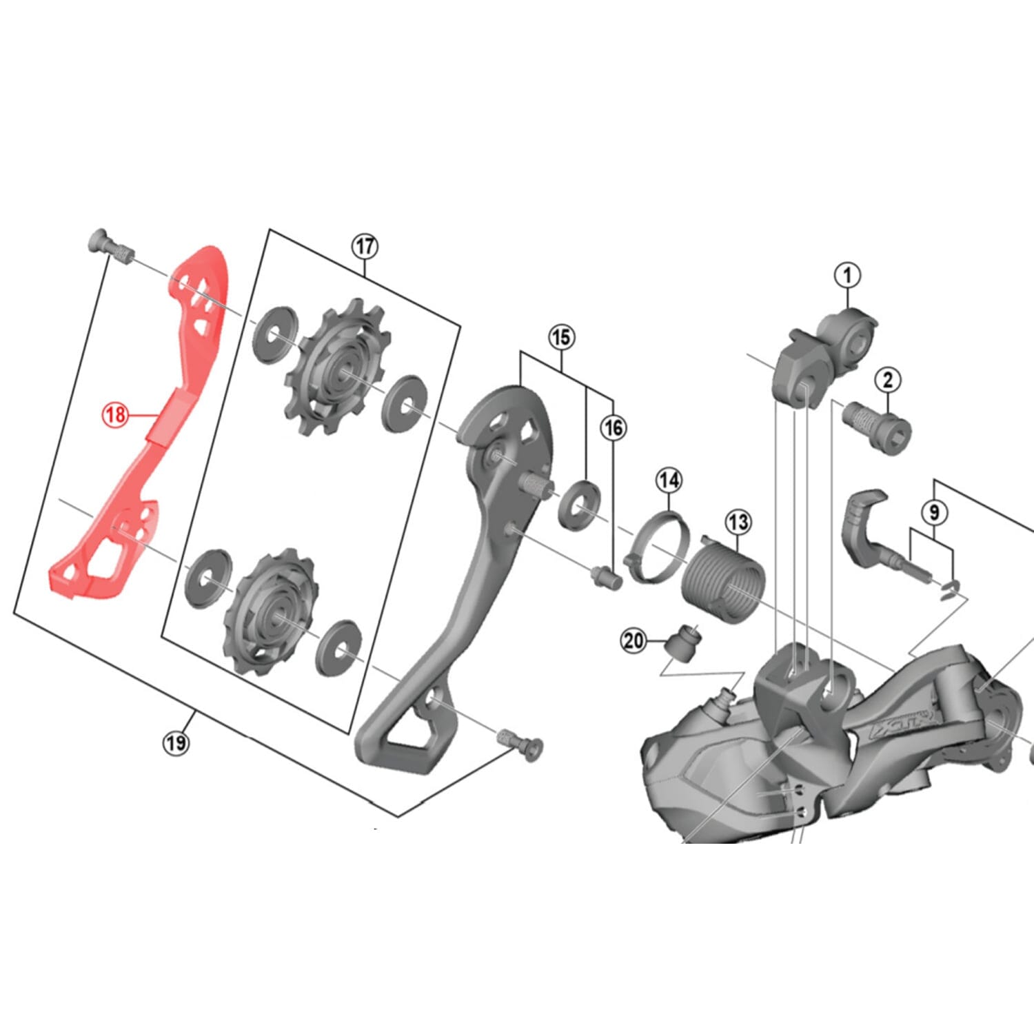 Chape de Dérailleur Arrière Interne Longue SHIMANO XTR Di2 RD-M9050 #Y5PU10100