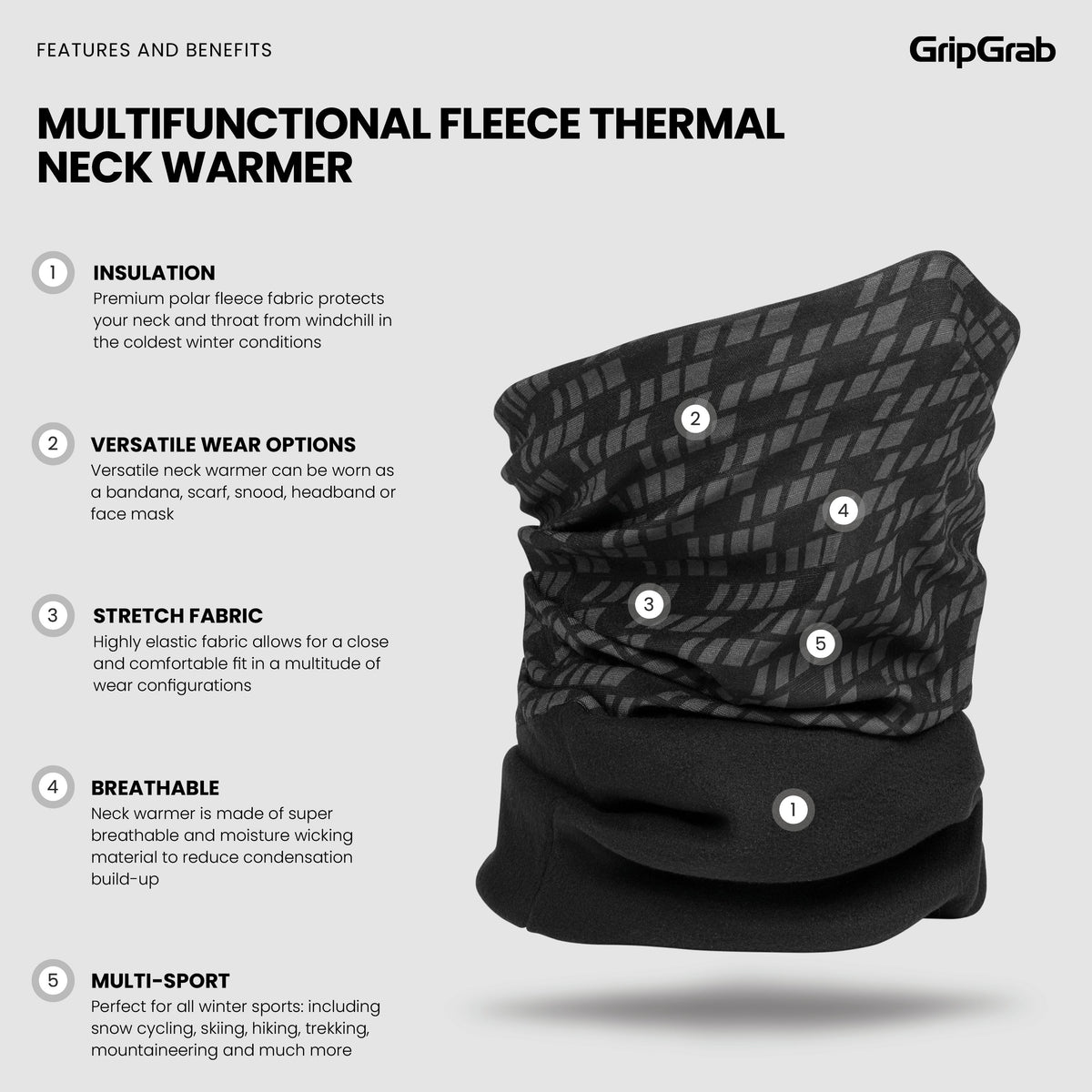 Tour de Cou GRIPGRAB Multifonctions Polaire Thermique Noir