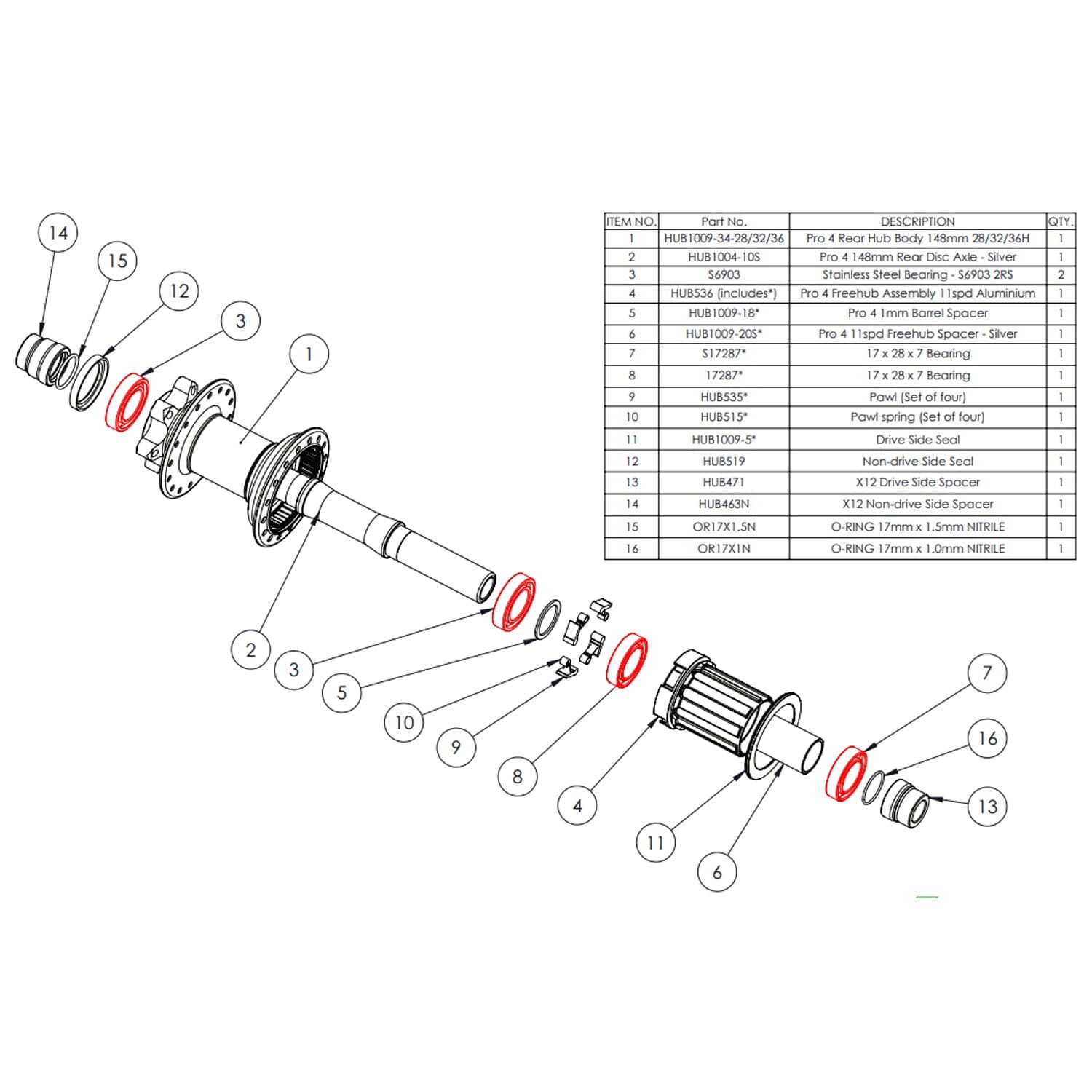 Kit Roulements pour Moyeu HOPE PRO4 Arrière #HUB3P4R