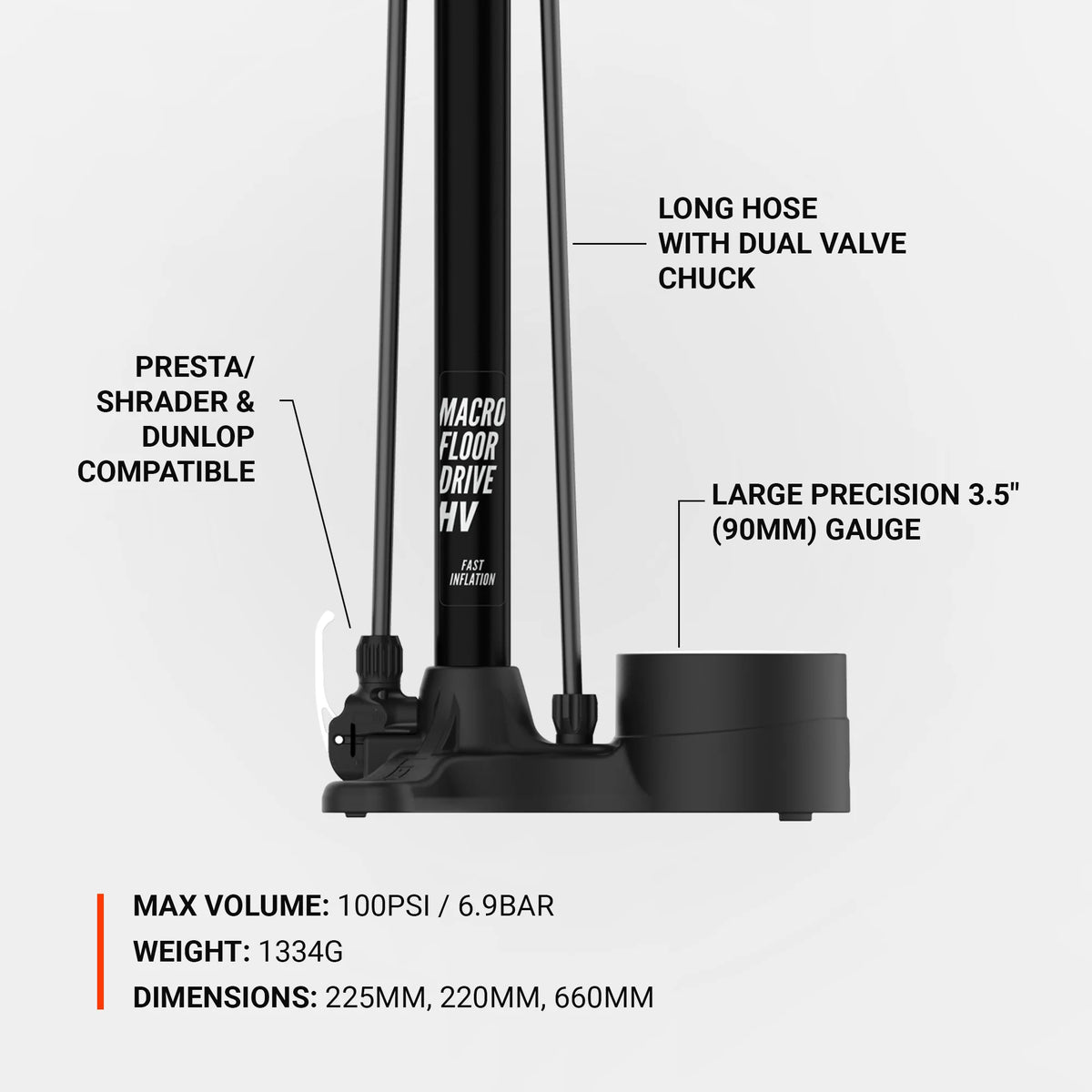 Pompe à Pied LEZYNE MACRO HV FLOOR DRIVE DV Noir