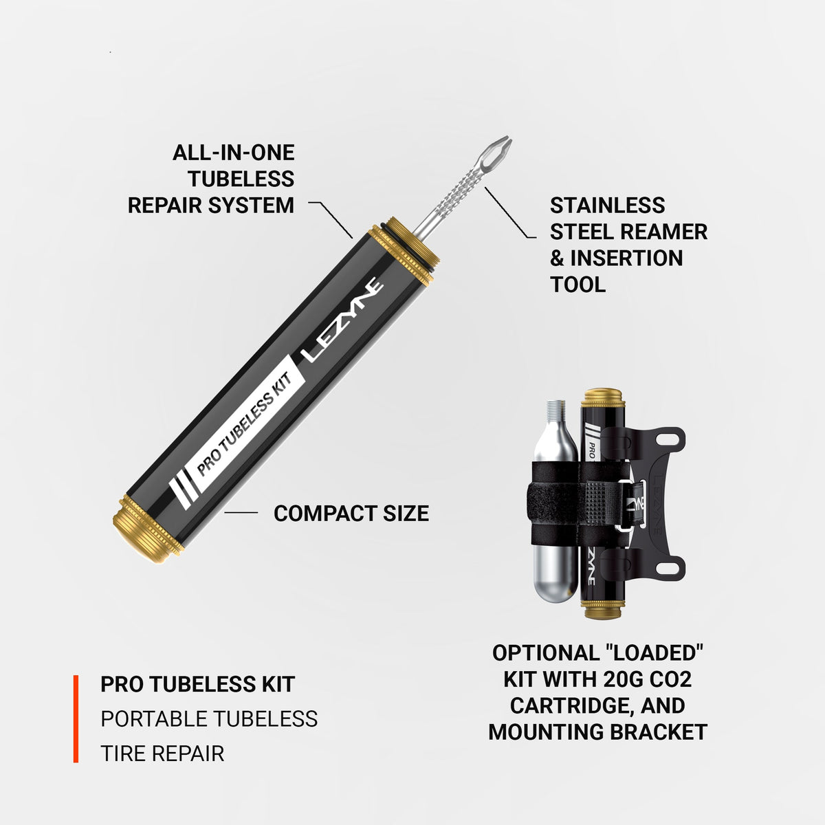 LEZYNE PRO Loaded Tubeless-Reparaturset mit 20-g-CO2-Kartusche Schwarz