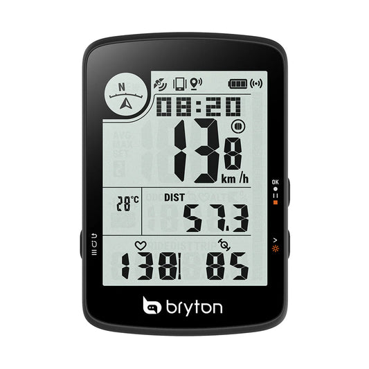 Compteur GPS BRYTON RIDER 17E — vue de face, écran des données de parcours