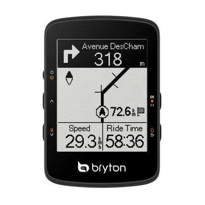 Compteur GPS BRYTON RIDER 460 E — vue de face, navigation et données de parcours