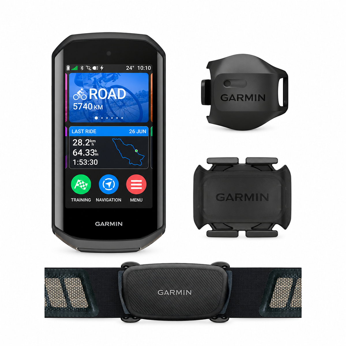 GARMIN EDGE 1050 BUNDLE GPS-Fahrradcomputer — Set und Zubehör auf weißem Hintergrund