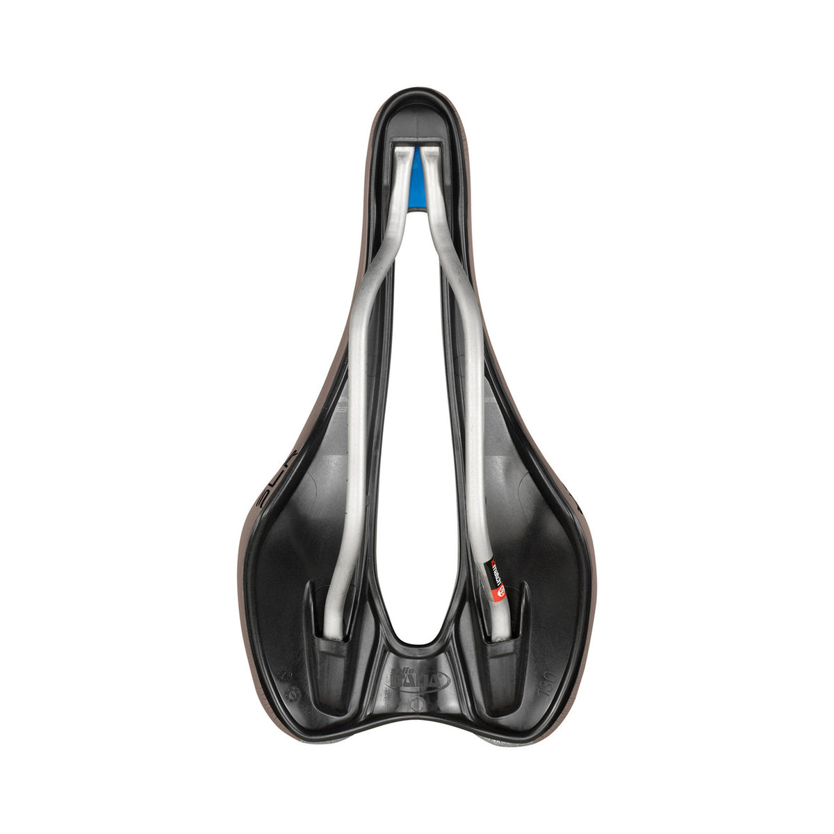Sattel SELLE ITALIA SLR BOOST GRAVEL SUPERFLOW S mit TI316-Sattelstreben in Braun — Unteransicht mit Ti316-Sattelstreben, S3