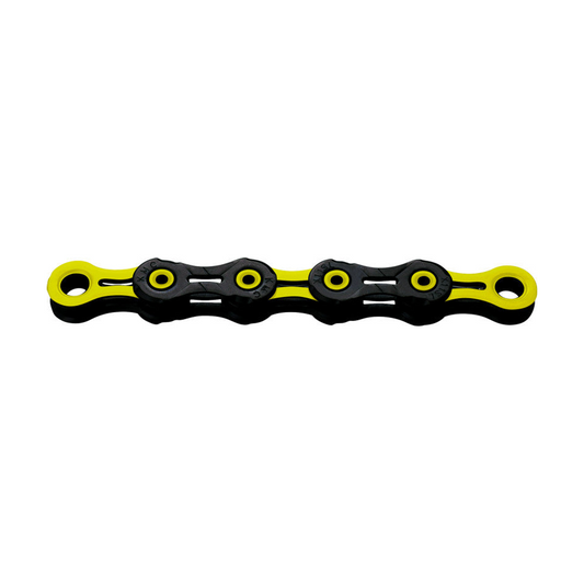 Chaîne 11V KMC DLC11 Waxed Noir/Jaune Ciré — photo produit sur fond blanc