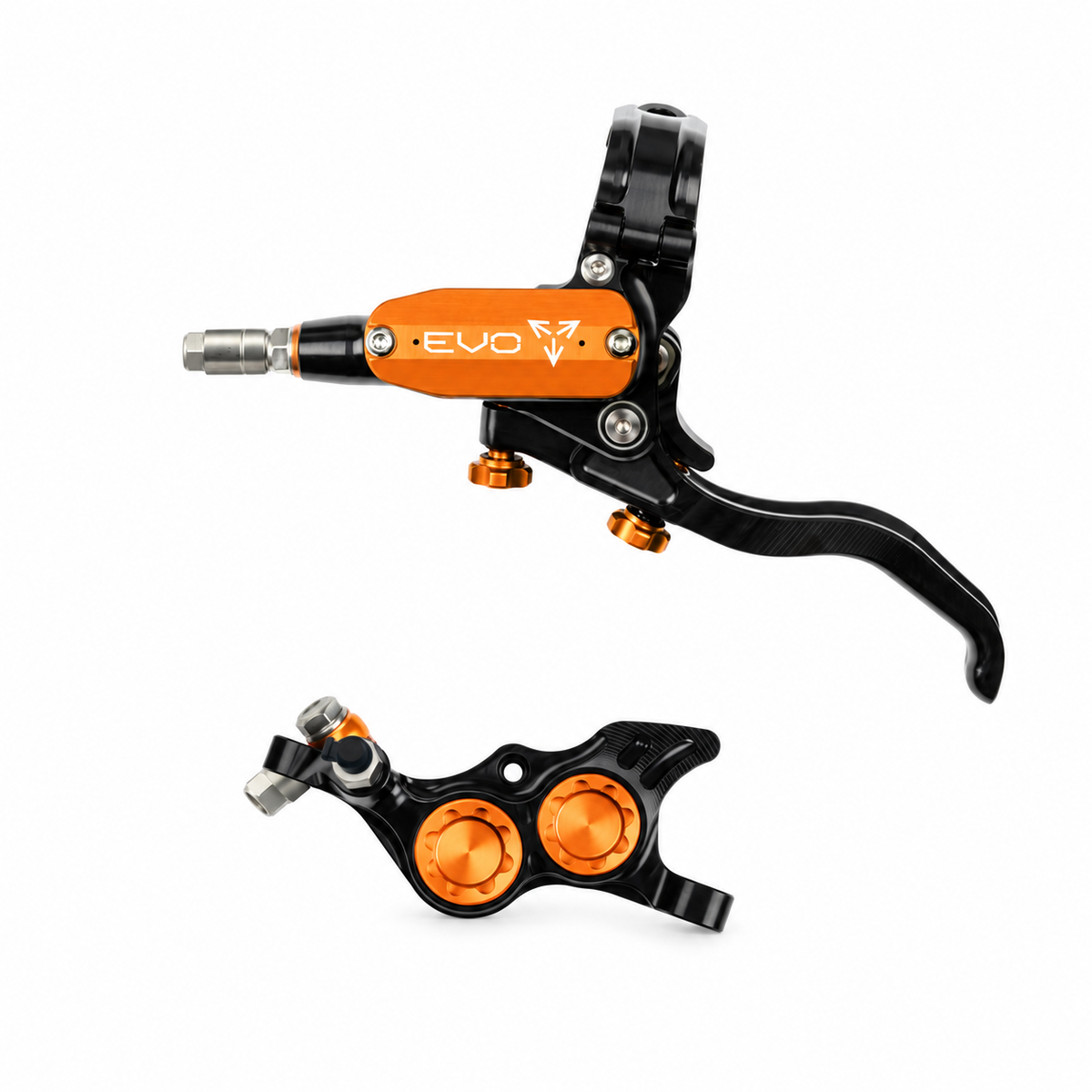 HOPE TECH 4 EVO TR4 Bremse in Schwarz/Orange — Bremshebel und Bremssattel auf weißem Hintergrund