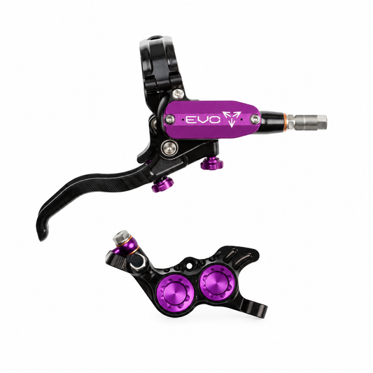 HOPE TECH 4 EVO GR4 Bremse in Schwarz/Violett – Bremshebel und Bremssattel vor weißem Hintergrund