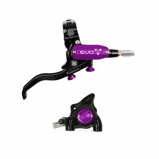 HOPE TECH 4 EVO X2 FM Bremse in Schwarz/Violett – Bremshebel und Bremssattel vor weißem Hintergrund