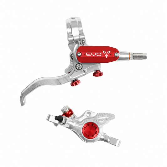 HOPE TECH 4 EVO X2 PM Bremse in Silber/Rot – Bremshebel und Bremssattel vor weißem Hintergrund