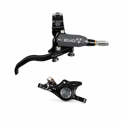 HOPE TECH 4 EVO X2 PM Bremse in Schwarz/Rauchgrau – Bremshebel und Bremssattel vor weißem Hintergrund