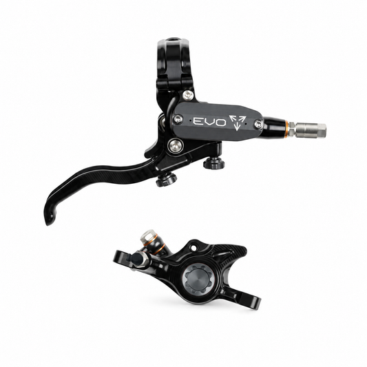 HOPE TECH 4 EVO X2 PM Bremse in Schwarz/Rauchgrau – Bremshebel und Bremssattel vor weißem Hintergrund