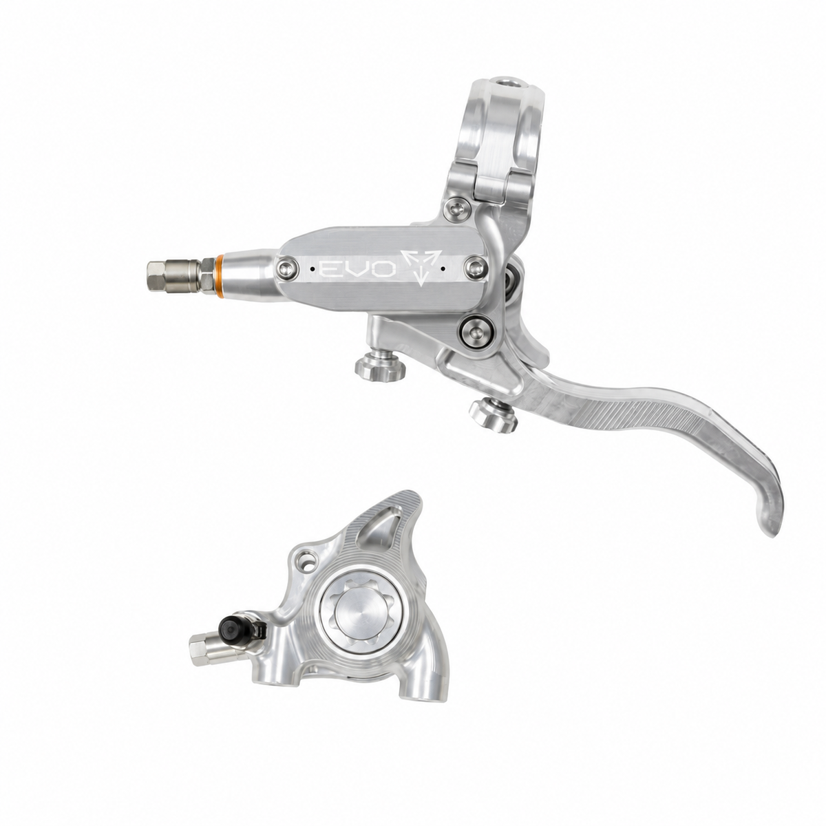 HOPE TECH 4 EVO X2 FM Bremse in Silber/Silber – Bremshebel und Bremssattel vor weißem Hintergrund