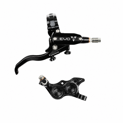 HOPE TECH 4 EVO TR4 Bremse Schwarz/Schwarz — Bremshebel und Bremssattel vor weißem Hintergrund