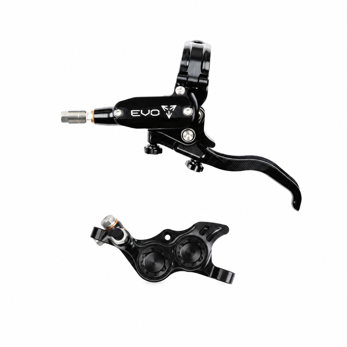 HOPE TECH 4 EVO TR4 Bremse Schwarz/Schwarz — Bremshebel und Bremssattel vor weißem Hintergrund