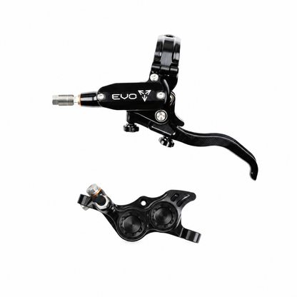 HOPE TECH 4 EVO TR4 Bremse Schwarz/Schwarz — Bremshebel und Bremssattel vor weißem Hintergrund