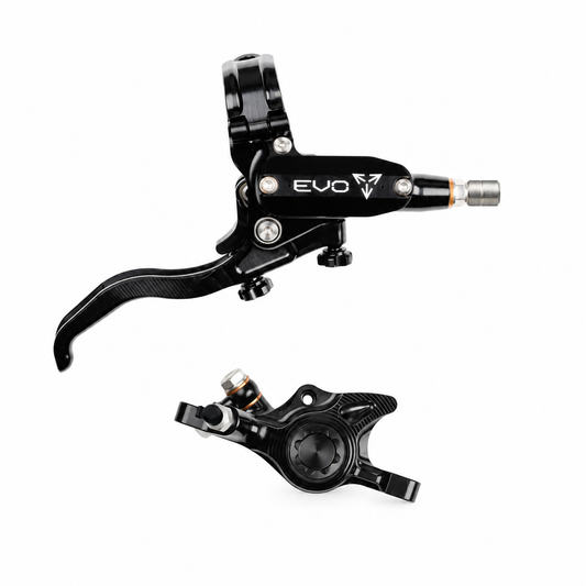 HOPE TECH 4 EVO X2 PM Bremse Schwarz/Schwarz — Bremshebel und Bremssattel vor weißem Hintergrund