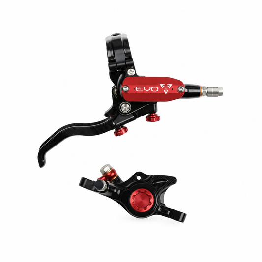 HOPE TECH 4 EVO X2 PM Bremse Schwarz/Rot — Bremshebel und Bremssattel vor weißem Hintergrund
