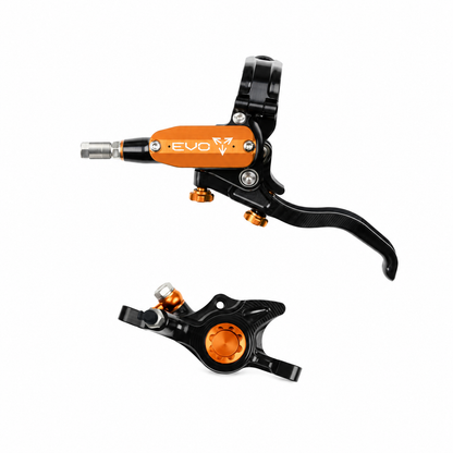 HOPE TECH 4 EVO X2 PM Bremse Schwarz/Orange — Bremshebel und Bremssattel vor weißem Hintergrund