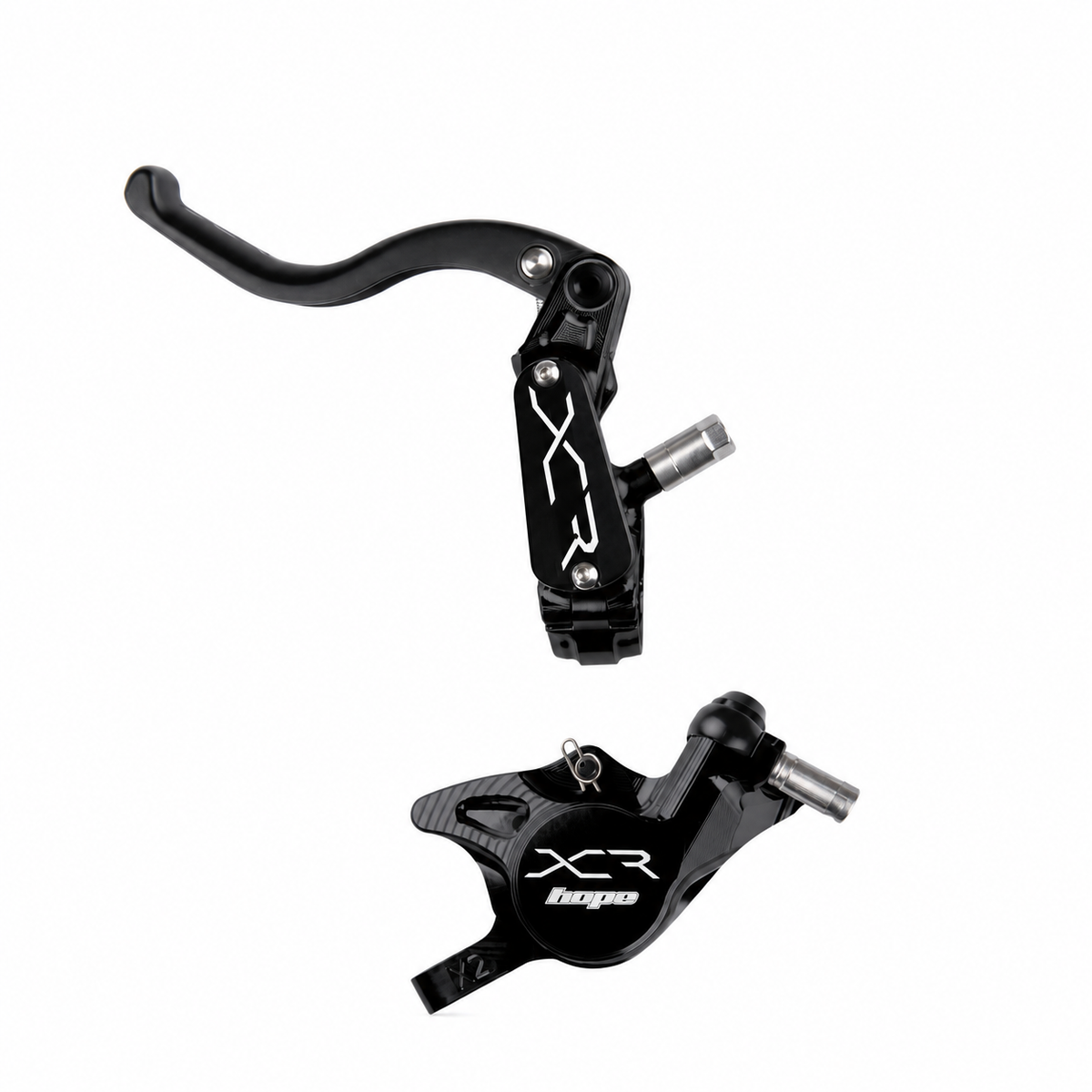 HOPE XCR PRO X2 PM Bremse Schwarz — Bremshebel und Bremssattel vor weißem Hintergrund