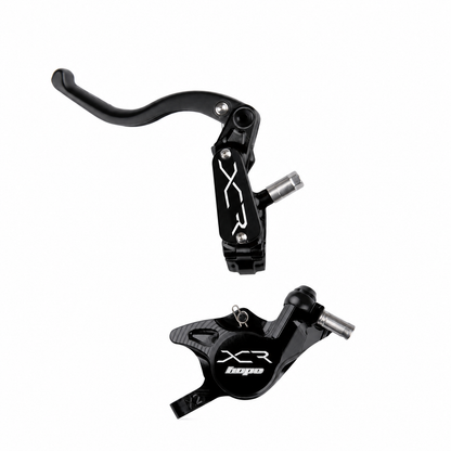 HOPE XCR PRO X2 PM Bremse Schwarz — Bremshebel und Bremssattel vor weißem Hintergrund